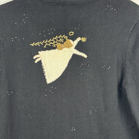 Carroll Reed Black Embroidered Angel Cardigan Beaded Size Medium Holiday Winter - Picture 10 of 13